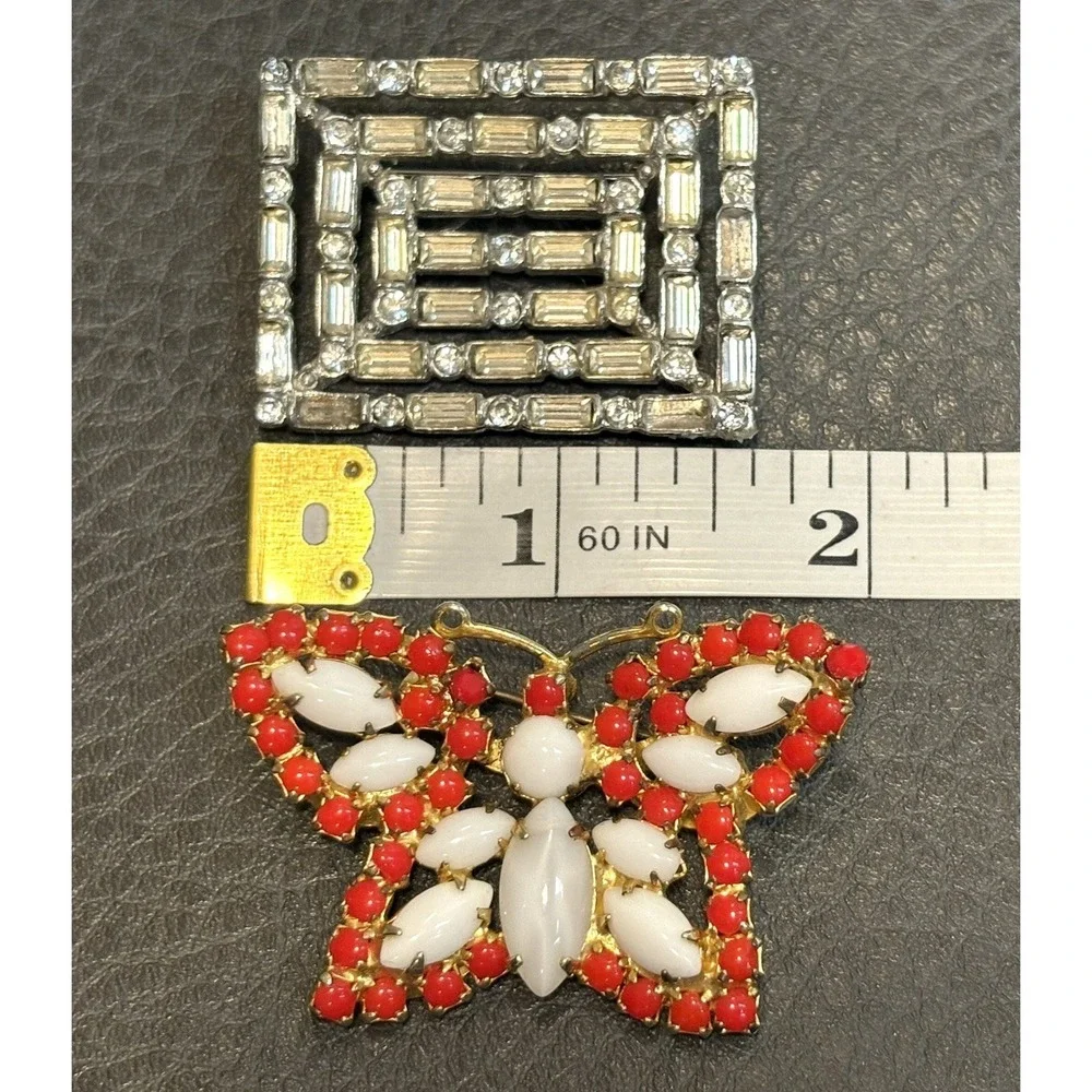 VTG Lot 2 Milk Glass Red Rhinestone Butterfly & Clear Crystal Deco Brooch REPAIR